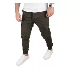 Calça Cargo Masculina Bolsos Sarja Elastano Elastico Cordão