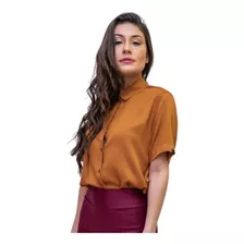 Camisa Social Mostarda Feminina Manga Curta Viscose Botões