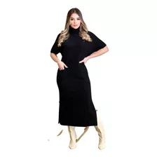 Vestido Tricô De Frio Gola Alta Com Bolsos Fenda Elegante 