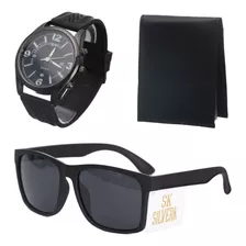 Kit Masculino Relógio Preto + Carteira Slim + Óculos Moderno