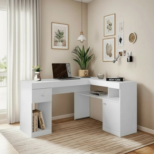 Mesa Escrivaninha Canto L Nilo Para Escritório Home Office Branco Fosco