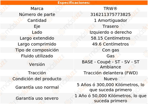 1- Amortiguador Gas Trasero Izq/der 406 Fwd 00/05 Trw Foto 2