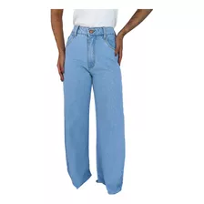 Calça Jeans Feminina Pantalona Flare Cintura Alta Com Bolsos