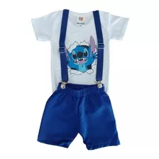 Conjunto Fantasia Stitch Menino Shorts/body/suspensório Azu