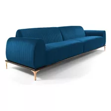 Sofá 260cm 4 Lugares Pés Rose Gold Molino Veludo Azul Desenho Do Tecido Liso