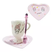 Taza My Melody, Cerámica, Redonda Con Plato Corazón