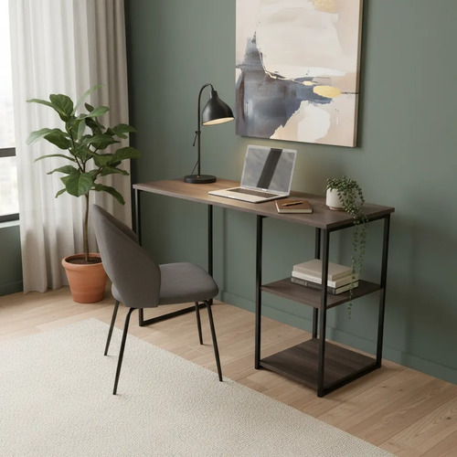 Mesa Escritório Com Estante Baixa Nicola 120 Preto Madeirado Madeirado