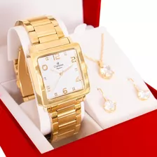 Relógio Champion Feminino Analógico Dourado Quadrado Cor Da Correia Dourado 2 Cor Do Fundo Branco