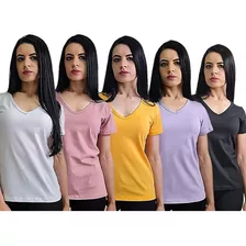 Kit 5 Camiseta Baby Look T Shirt Gola V Feminina Básica 