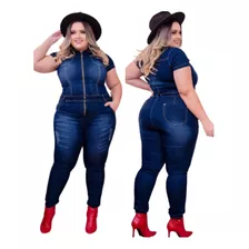 Macacão Longo Jeans Feminino Plus Size Zíper Frontal Moderno