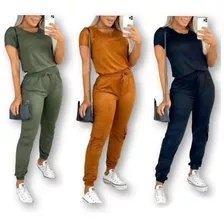 Conjunto Suede Blusa Manga Curta Calça Jogger Feminina