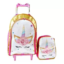 Mochila Unicornio Flores Rodinhas Rosa + Lancheira Termica