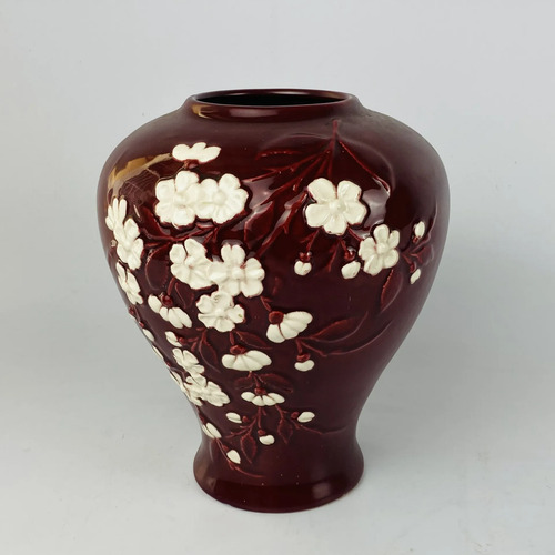 Vaso De Porcelana Floral Alto Relevo Bordô Vintage Vermelho Floral 2