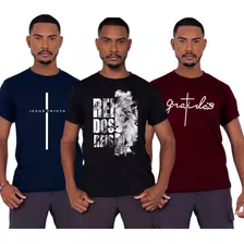 Kit C3 Un Camisas Blusas Masculinas Leão Cruz Jesus Yesua