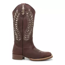 Bota Texana Country Candieiros Couro Marrom Bordada C/ Zíper