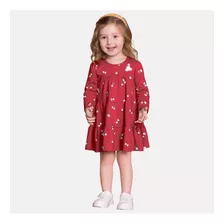 Vestido Infantil Manga Longa Vermelho Com Florzinhas Pompom