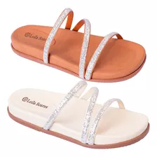 Kit 2 Pares Sandália Birken Feminina Chinelo Strass Rasteira