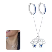 Conjunto Colar Mãe De Dois Meninos E Brinco Azul Em Prata925