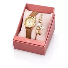 Relógio Feminino Dourado Condor Pulseira Em Couro Kit Jóias