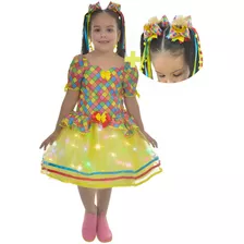 Vestido Festa Junina Xadrez Tule Amarelo Com Led + 2 Laço