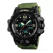 Reloj De Pulsera Skmei 1155 De Cuerpo Color Negro, Analógico-digital, Para Hombre, Fondo Negro, Con Correa De Poliuretano Color Verde, Agujas Color Verde Y Naranja Y Blanco, Dial Amarillo Y Blanco, Su