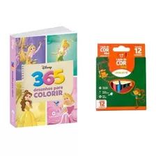 Kit Livro De Colorir 365 Desenhos Princesas + Lápis De Cor