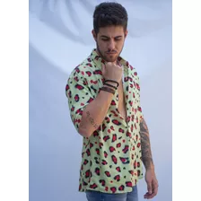 Camisa Masculina De Viscose Estrampada Manga Curta Verde