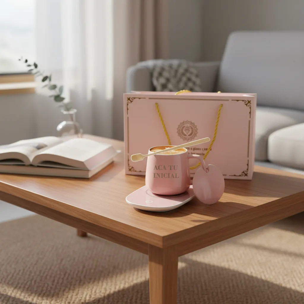 Taza Con Calentador Personalizada Con Tu Inicial Mas Caja Rosa