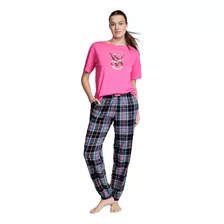 Pijama Remera Fucsia Pantalón Cuadrillé Xs M Victoria Secret