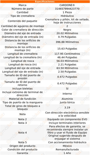 (1) Cremallera Direccin Hidrulica Gl320 07/09 Reman Foto 5