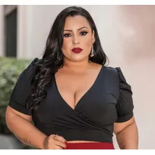 Blusinha Plus Size Feminina Manga Curta Bufante Cropped Onça