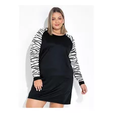 Vestido Zebra E Preto Evasê Com Mangas Plus Size