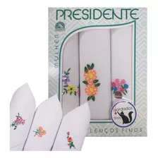 Kit C/ 3 Lenço Feminino Branco Com Bordado Floral Presidente