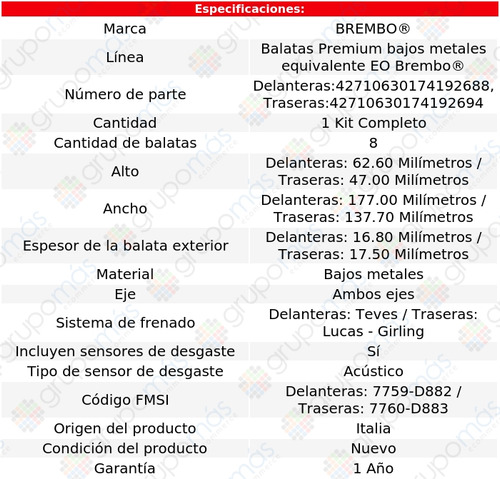 Balatas Bajos Metales Del + Tras Envoy Xuv V8 5.3l 04 Brembo Foto 2