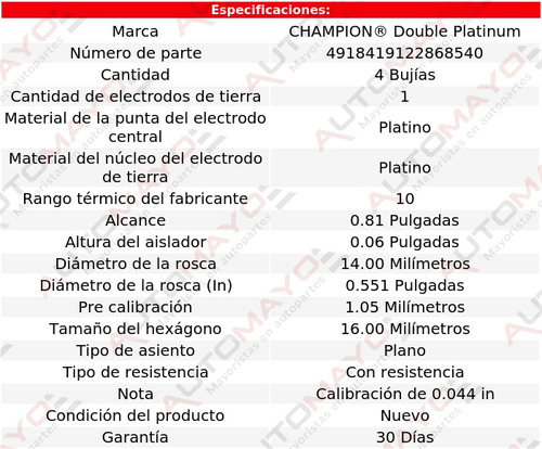 Kit 4 Bujas Doble Platino Champion Csx 2.0l 4 Cil 06-11 Foto 2