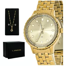 Relógio Lince Feminino Dourado Social Garantia +colar Brinco