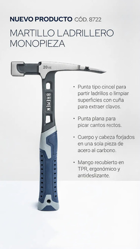 Martillo Ladrillero Monopieza Bremen Cincel 20oz 824g 8722