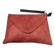 Bolso Mano Piel Cincelada Carteron Sobre Fino Dama Artesanal