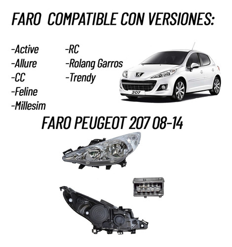 Faro Peugeot 207 Europeo 2008 2009 2010 2011 2012 2013 2014 Foto 2