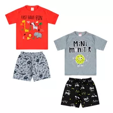 Kit 4 Peças De Roupa Infantil Masculino 2 Camisas + 2 Shorts