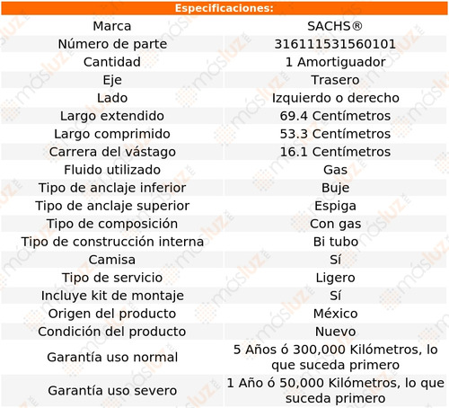 1- Amortiguador Gas Trasero Izq/der Crossfox 11/15 Sachs Foto 2