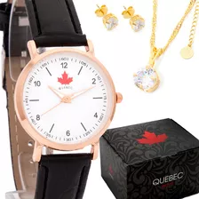 Relógio Feminino Preto Quebec Original Casual Colar E Brinco Cor Do Bisel Rosa-claro Cor Do Fundo Branco