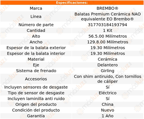 Balatas Cermicas Delanteras Peugeot 306 1997/2002 Brembo Foto 3