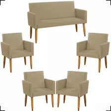 Kit Namoradeira Decorativa Sofá 2 Lugares + 4 Poltronas Cor Nude Desenho Do Tecido Suede Liso