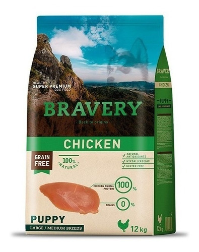 Alimento Bravery Puppy Para Perro Cachorro De Raza Mediana Y Grande Sabor Pollo En Bolsa De 12kg