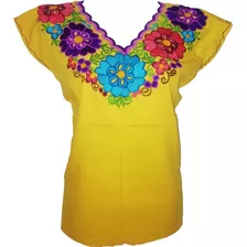 Blusa Típica Artesanal Margaritas Bordada Manta Chiapaneca