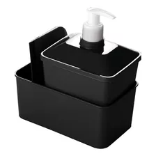 Kit Porta Detergente Dispenser Rodinho Quadrado Cozinha Pia Cor Preto