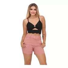 Short Bengaline Curto Com Bolsos E Cinto Cintura Alta