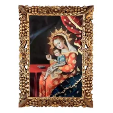 Quadro Cusquenho Religioso - Óleo Sobre Tela Moldura Dourada