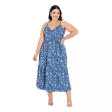 Vestido Midi Floral Azul Com Transpasse Plus Size Feminino